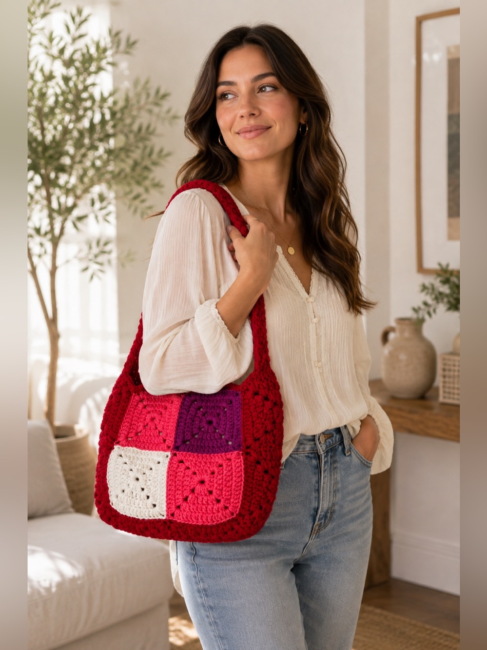 Berry Patch Handmade Crochet Granny Square Shoulder Bag